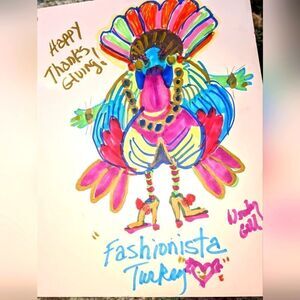 Wendy Gell art drawing. Fashionista turkey for Thanksgiving Day!.